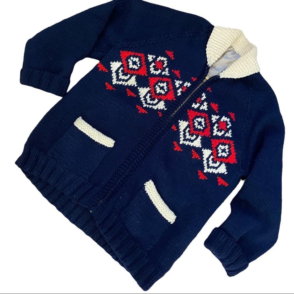Vintage Navy Zip-Up Sweater with Red & Cream Fair Isle Cowichan